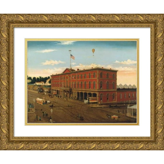 William H. Schenck 18x14 Gold Ornate Wood Frame and Double Matted Museum Art Print Titled - The Third Avenue Railroad Depot (ca. 1859-60)