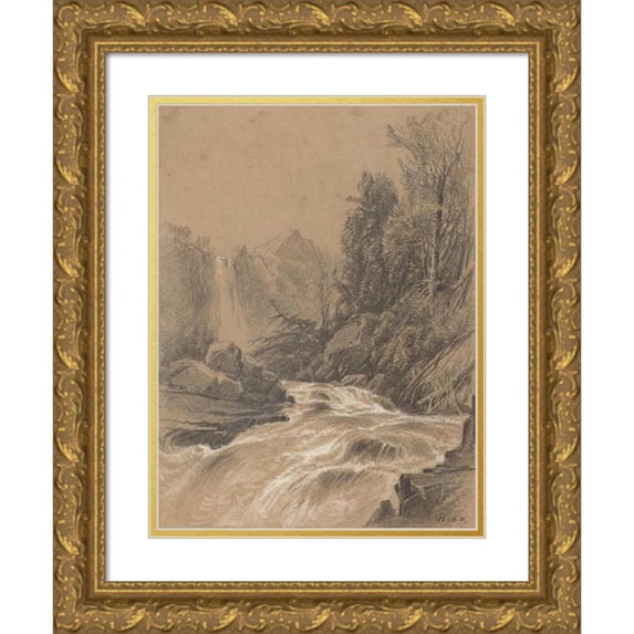 William Hart 19x24 Gold Ornate Framed and Double Matted Museum Art Print Titled - Mountain Landscape, Stream and Waterfall (1860)