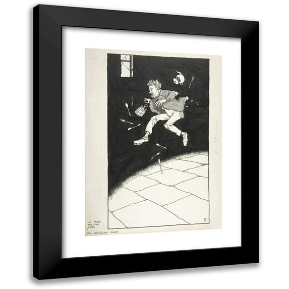 William Heath Robinson 14x18 Black Modern Framed Museum Art Print Titled - ‘He Made for the Door’; the Chocolate Ghost, Topsy-Turvy Tales (circa 1923)