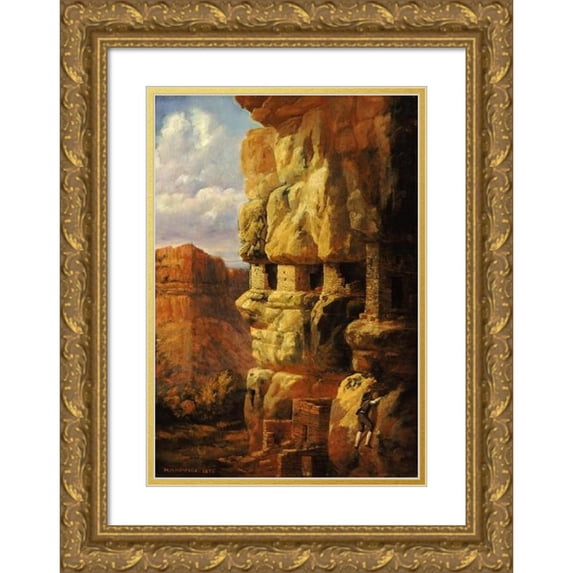 William Henry Holmes 11x14 Gold Ornate Wood Frame and Double Matted Museum Art Print Titled - Cliff Houses on the Rio Mancos, Colorado (1875)