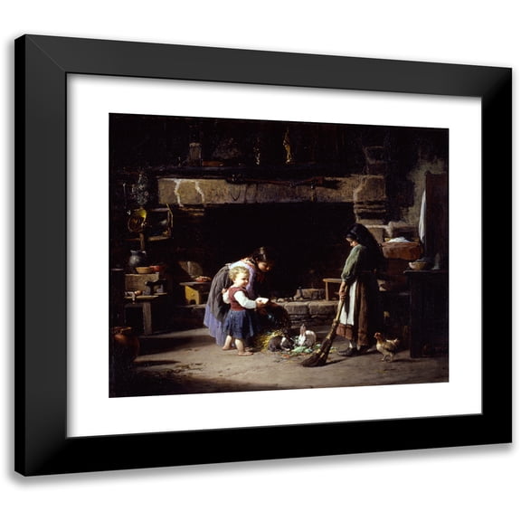 William Henry Lippincott 14x12 Black Modern Framed Museum Art Print Titled - Farm Interior; Breton Children Feeding Rabbits (1878)