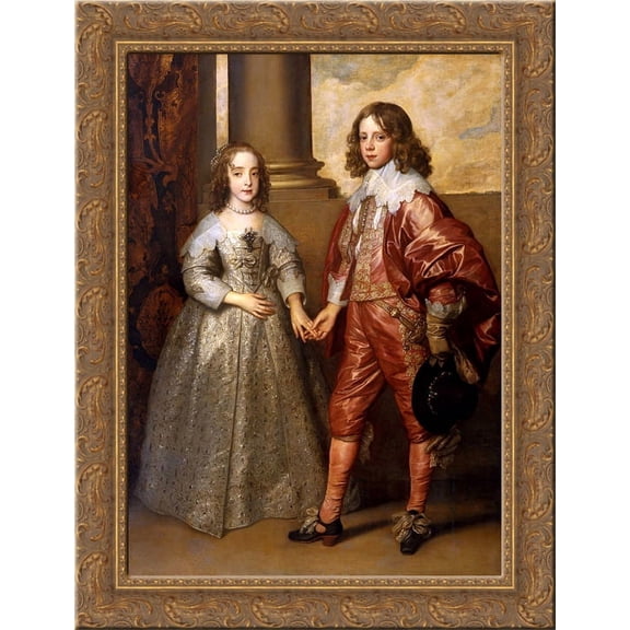 William II, Prince of Orange and Princess Henrietta Mary Stuart, daughter of Charles I of England 24x18 Gold Ornate Wood Framed Canvas Art by Anthony van Dyck