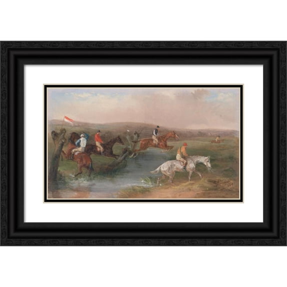 William J. Shayer 24x15 Black Ornate Framed Double Matted Museum Art Print Titled: Steeplechasing- the Hurdle