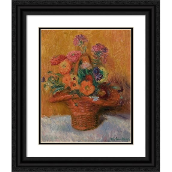 William James Glackens 12x14 Black Ornate Wood Framed Double Matted Museum Art Print Titled: Red Basket of Zinnias (1915)