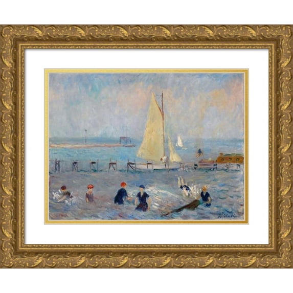 William James Glackens 14x11 Gold Ornate Wood Frame and Double Matted Museum Art Print Titled - Seascape with Six Bathers, Bellport (C. 1915)