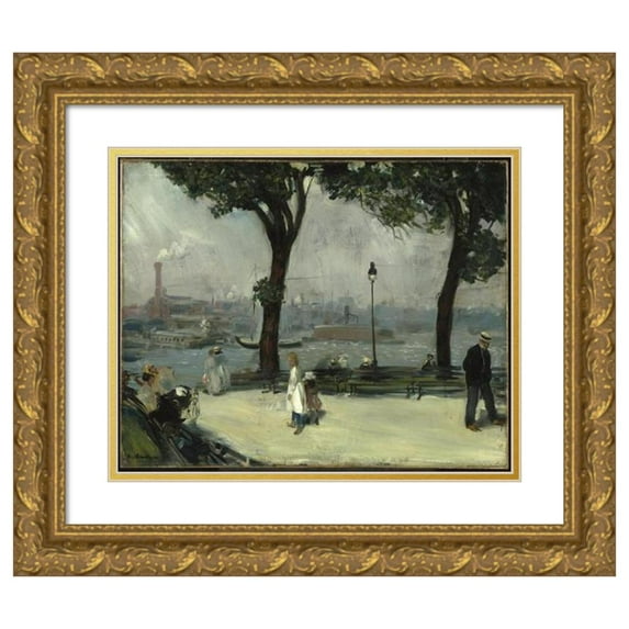 William James Glackens 14x12 Gold Ornate Wood Frame and Double Matted Museum Art Print Titled - East River Park