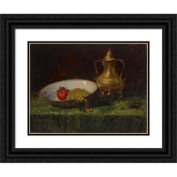 William Merritt Chase 14x12 Black Ornate Wood Framed Double Matted Museum Art Print Titled: Still Life (Fruit and Copper Pot)