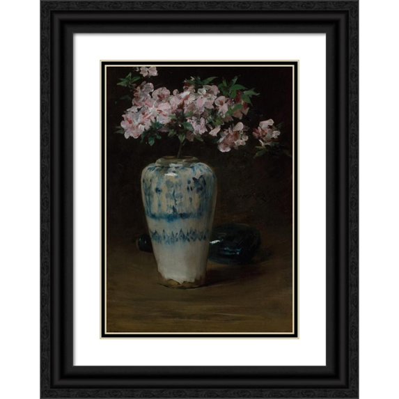 William Merritt Chase 14x18 Black Ornate Wood Framed Double Matted Museum Art Print Titled - Pink Azalea, Chinese Vase (1880-90)
