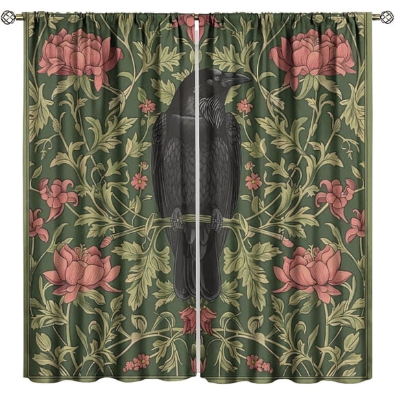 William Morris Blackout Curtains, Retro Bird Crow Flower Animal Pattern Window Drapes, for Bedroom Living Room 42" W X 63" L