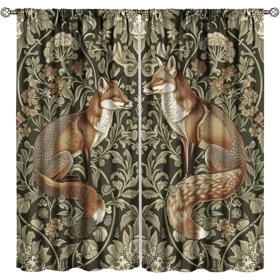 William Morris Blackout Curtains, Rustic Forest Fox Flower Botanical Art Rustic Window Drapes, for Bedroom Living Room 55" W X 63" L