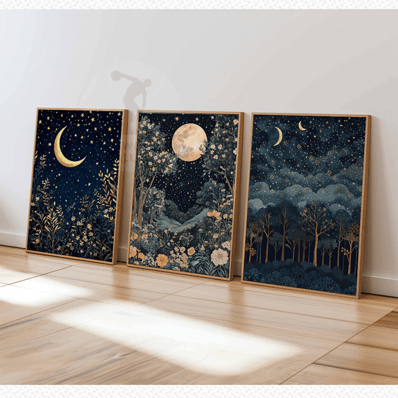 William Morris Botanical Floral Moon Night Sky Vintage Poster Set 3 Prints Set 3 , Poster Only