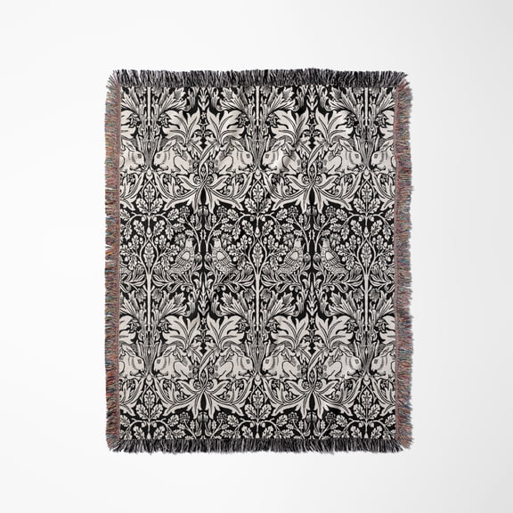 William Morris Brer Rabbit Chintz Pattern In Black And White, Woven Blanket