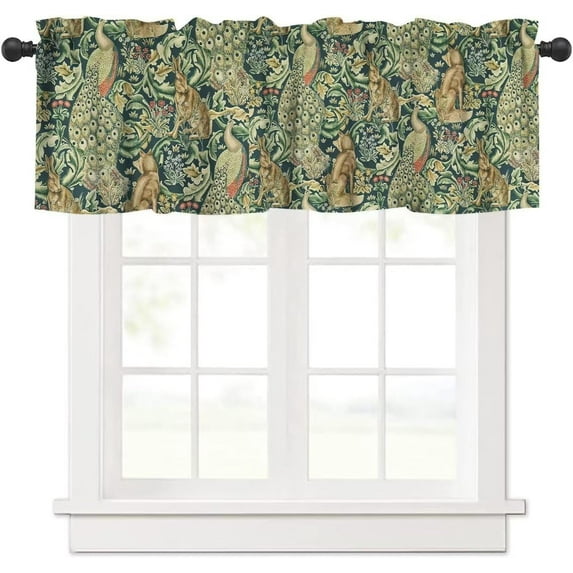 William Morris Floral Animal Window Valance Curtain, Vintage Boho Floral Retro Botanical Plant Birds Rabbit Pattern Window Treatment Valances for Home Kitchen Café Décor 54''x18'', 1 Panel