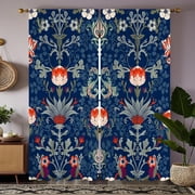 William Morris Floral Curtains, Vintage Botanical Drapes with Red Tulip and Leaf Pattern, Dark Blue Gothic Style Window Treatments for Bedroom or Living Room, 2 Panels 42x63 Inch