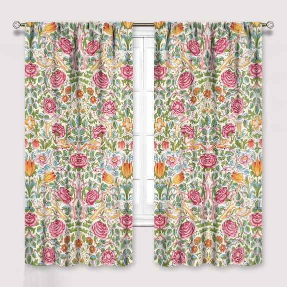 William Morris Floral Curtains, Watercolor Vintage Flower Art Style Room Windows Treatments for Bedroom Living Room, Boho Chic Green Floral Printed Drapes 2 Panel Sets,42x63 Inch
