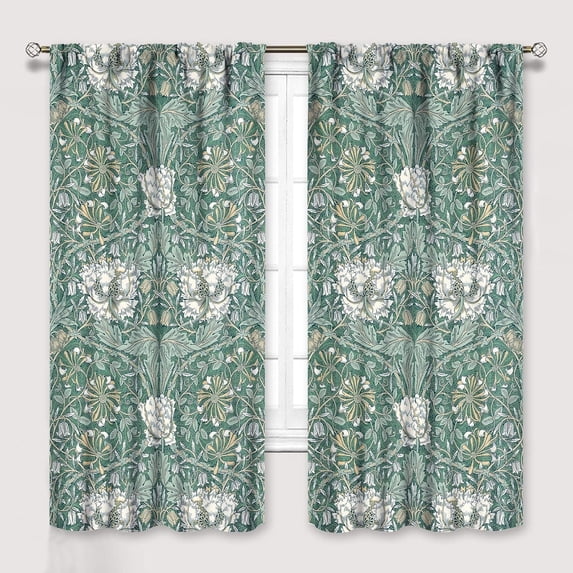 William Morris Floral Curtains, Watercolor Vintage Flower Art Style Room Windows Treatments for Bedroom Living Room, Boho Chic Green Floral Printed Drapes 2 Panel Sets,52x84 Inch