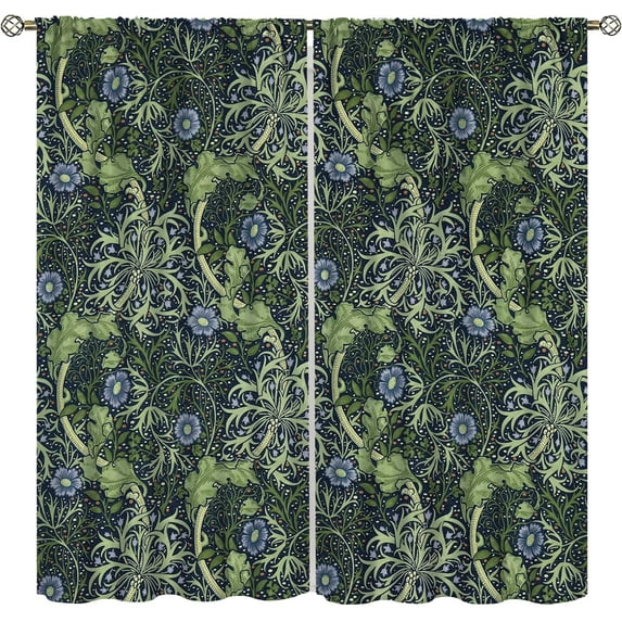 William Morris Floral Curtains, Watercolor Vintage Flower Art Style Room Windows Treatments for Bedroom Living Room, Boho Chic Green Floral Printed Drapes 2 Panel Sets,55x63 Inch