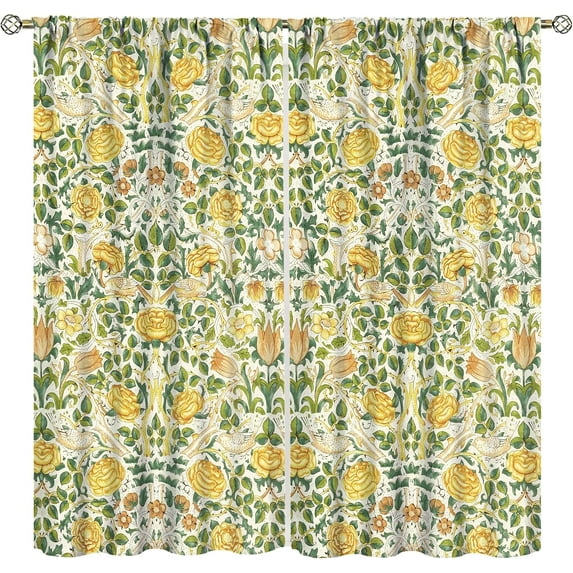 William Morris Floral Curtains, Watercolor Vintage Flower Art Style Room Windows Treatments for Bedroom Living Room, Boho Chic Green Floral Printed Drapes 2 Panel Sets,42x54 Inch