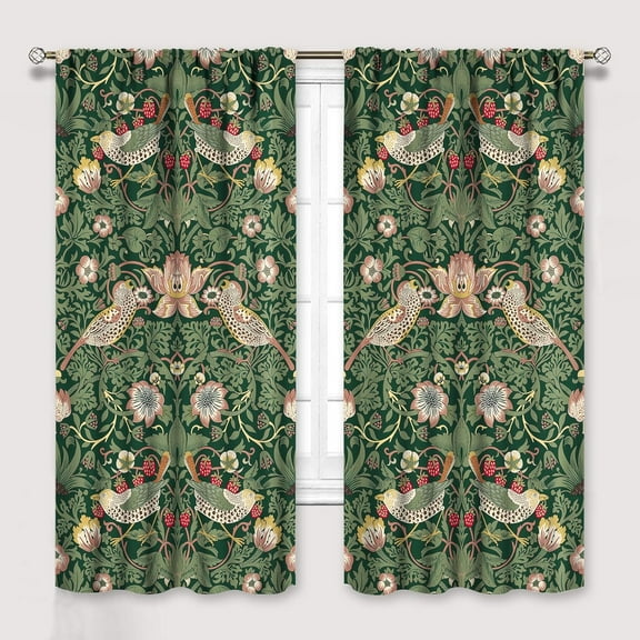 William Morris Floral Curtains, Watercolor Vintage Flower Art Style Room Windows Treatments for Bedroom Living Room, Boho Chic Green Floral Printed Drapes 2 Panel Sets,52x84 Inch
