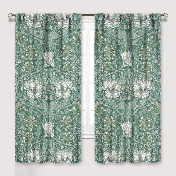 William Morris Floral Curtains, Watercolor Vintage Flower Art Style Room Windows Treatments for Bedroom Living Room, Boho Chic Green Floral Printed Drapes 2 Panel Sets,52x84 Inch