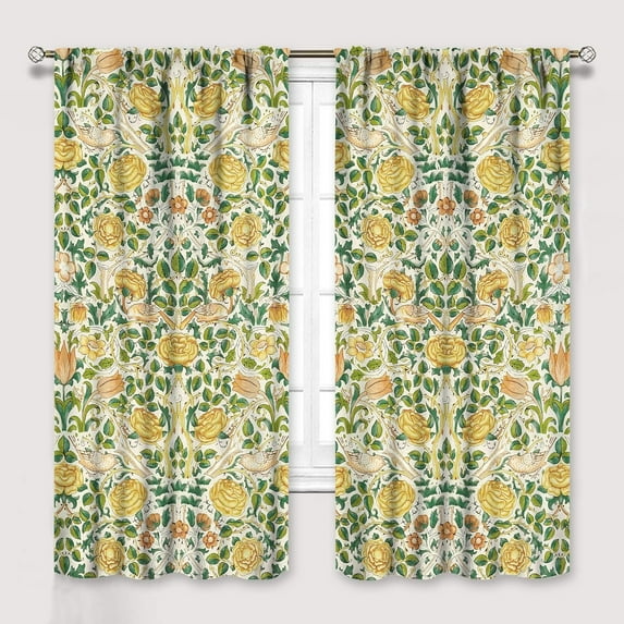 William Morris Floral Curtains, Watercolor Vintage Flower Art Style Room Windows Treatments for Bedroom Living Room, Boho Chic Green Floral Printed Drapes 2 Panel Sets,42x63 Inch