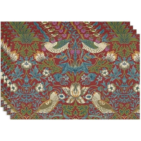 William Morris Floral Placemats Set of 4, Vintage Flower Strawberry Birds Red Place Mats, Heat Resistant Non Slip Cotton Linen Dining Table Mats for Home Kitchen Party 18x12 Inch