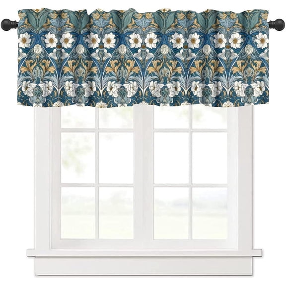 William Morris Floral Valances Set for Kitchen, Bohemia Retro Plant Flowers White and Green Pattern Home Decor Rod Pocket Window Drapes for Living Room Dining Room Office 54x18inch