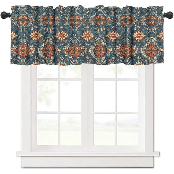William Morris Floral Valances Set for Kitchen, Vintage Abstract Botanical Floral Red and Blue Boho Home Decor Rod Pocket Window Drapes for Living Room Dining Room Office 54x18inch