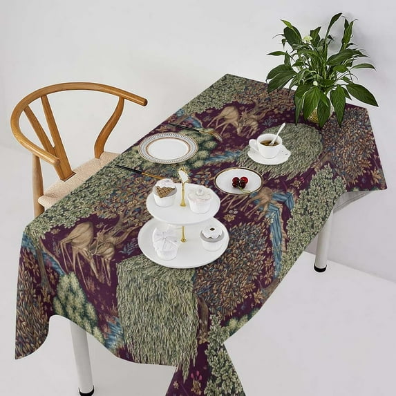 William Morris Flower Tablecloth, Vintage Boho Floral Tree Plant Deers Pattern Woodland Animals Table Cover, Water Resistant Wipeable Tablecloths for Kitchen Dinning Room Decor 60"x120"
