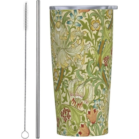 William Morris Golden Lily Tumbler with Lid and Straw, 20 oz Insulated Tumbler Cup Coffee Mug 18/8 Stainless Steel Travel Mug Water Bottle
