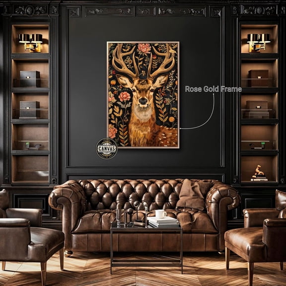 William Morris Inspired Deer Wall Art Stag With Floral Background Print Rustic Wall Decor Animal Ready To Hang #2854, Unframed Canvas Size 16x24