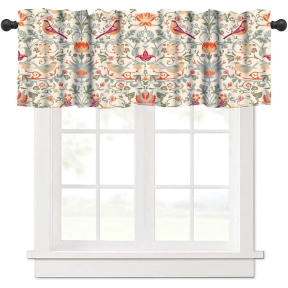 William Morris Kitchen Valance Curtain,Boho Retro Bird Elegant Animal Printed Small Window Treatments for Kitchen Living Room Bathroom Cafe Decor Rod Pocket Vintage Valances 54x18 Inch, 1 Panel