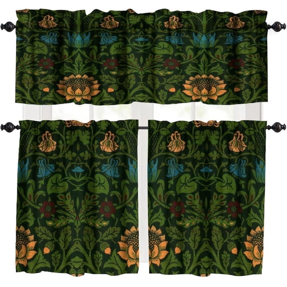 William Morris Kitchen Valance Curtain,William Morris Original Design Green Garden Flower Print Small Window Treatments For Kitchen Living Room Decor Rod Pocket Valances 54x18 & 27x24x2, 3 Panel