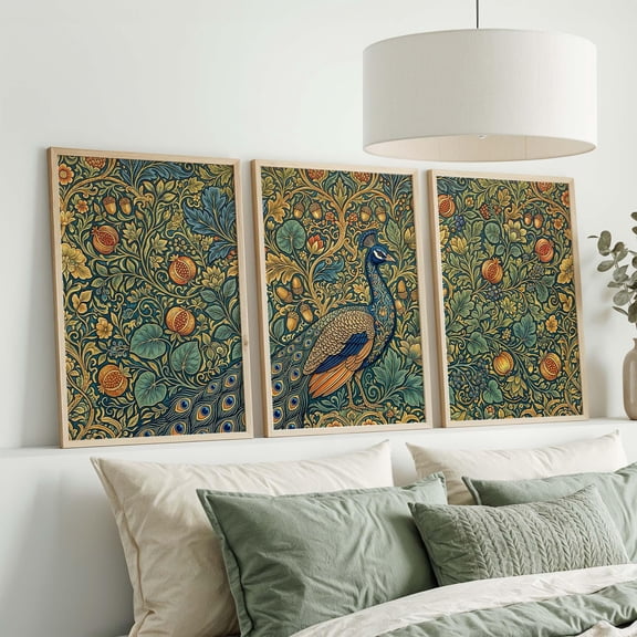 William Morris Peacock Art Nouveau Print Set Teal Gold Botanical Poster Set 3