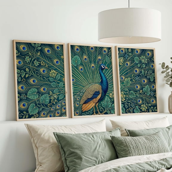William Morris Peacock Art Print Set Teal Green Gold Botanical Triptych Set 3