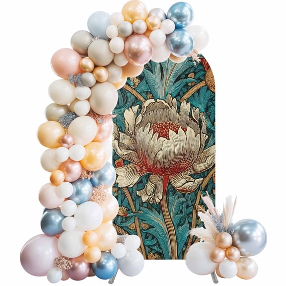 William Morris Plant Floral Arch Backdrop Cover, Spandex Fitted Wedding Arch Cover, Retro Lotus Flower Leaves Round Top Stand Covers for Birthday Ceremony Bridal Shower Party Decor 4x1.65 Ft