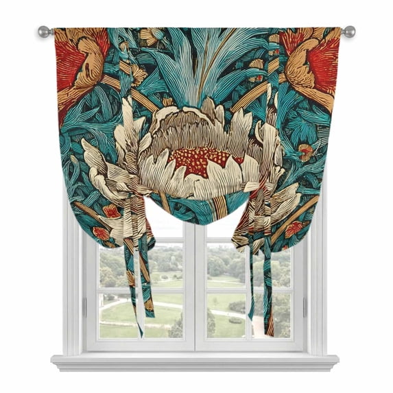 William Morris Plant Floral Balloon Curtains for Bedroom/Front Door/Bathroom, Retro Lotus Flower Leaves Tie Up Curtains 63 Inch Length Light Filtering Kitchen Curtains Shades for Windows 46"x63"