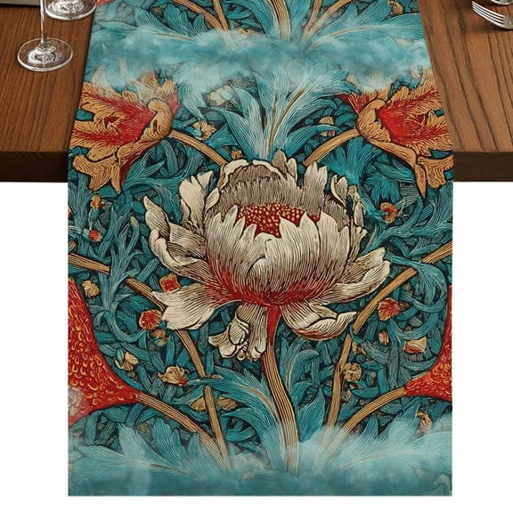William Morris Plant Floral Burlap Cotton Table Runner 13x36 Inches Short, Retro Lotus Flower Leaves Farmhouse Table Runners, Outdoor Dining Tablecloths Decor for Baby Shower/Party/Wedding