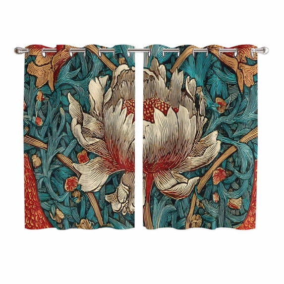 William Morris Plant Floral Kitchen Curtains Window Panels, Retro Lotus Flower Leaves Insulated Window Treatment Curtain, Grommet Curtains for Bedroom/Living Room/Bathroom, 2 Piece 52"Wx63"L