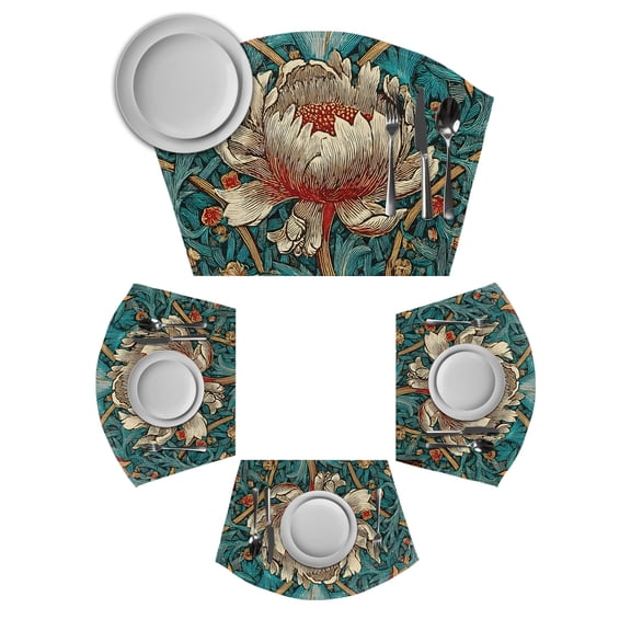 William Morris Plant Floral Round Table Placemats Set of 2 Wedge Placemats, Retro Lotus Flower Leaves Place Mats for Dining Table Set Washable Mats Kitchen Decor for Indoor Outdoor Wipe Clean