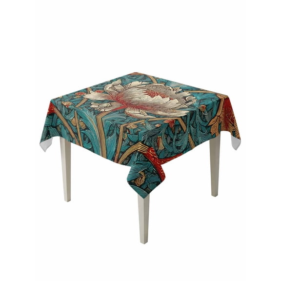 William Morris Plant Floral Suqare Tablecloth - 54 x 54 Inch, Retro Lotus Flower Leaves Waterproof & StainResistant Tablecloth, Washable Oil-proof Table Cover for Dining/Party/Wedding/Camping/Buffet