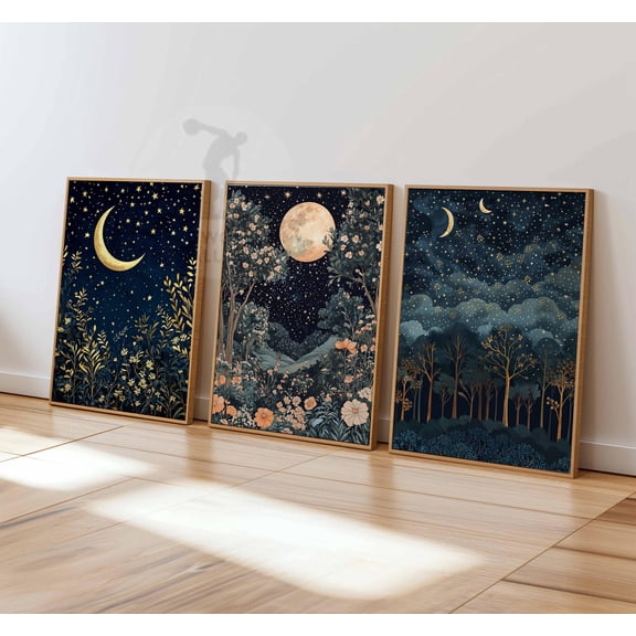 William Morris Posters Gold Decor William Morris Print Moon Poster Night Sky Art Botanical Decor Floral Art Bedroom Art Set 3 Set 3