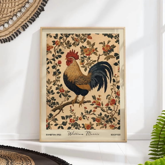 William Morris Rooster Print Vintage Farmhouse Art Floral Bird Wall Decor Size 24x36 Unframed Poster