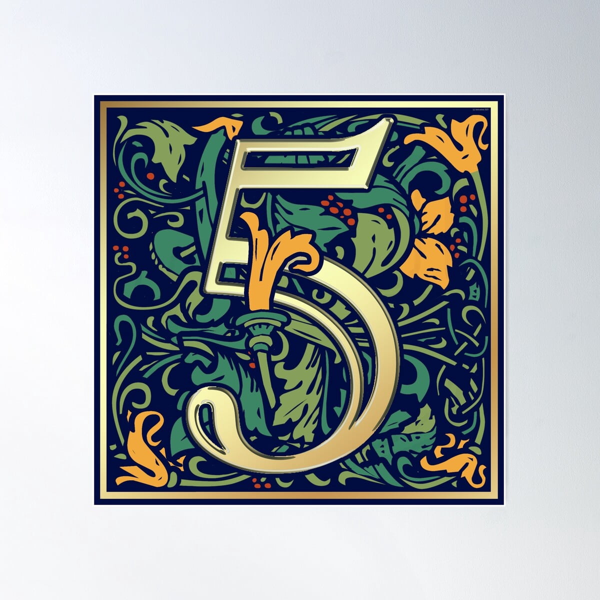 William Morris Style Illuminated Numeral Blue Number 5 Poster Wall Art ...