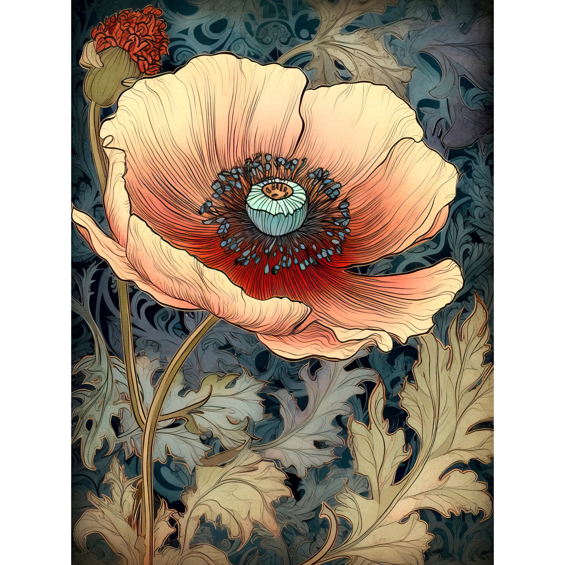 William Morris Style Peach Anemone Flower Bloom Large Wall Art Poster Print  Thick Paper 18X24 Inch