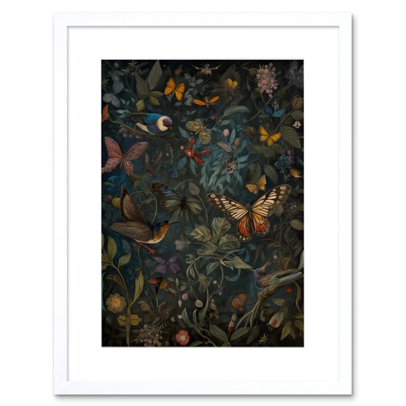 William Morris Style Plants Birds and Butterflies Artwork Framed Wall Art Print 9X7 Inch