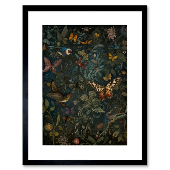 William Morris Style Plants Birds and Butterflies Artwork Framed Wall Art Print 9X7 Inch