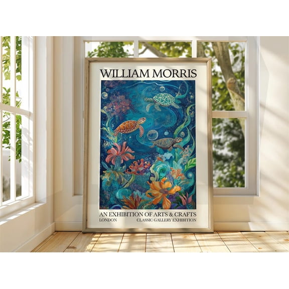William Morris Style Sea Turtle Art - Exhibition Floral Ocean Poster 8x12 UNFRAMDE
