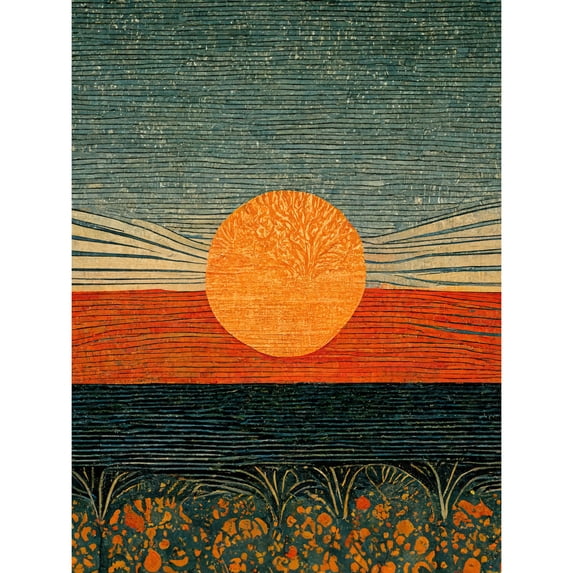 William Morris Style Sunrise Over Sea Abstract Large Wall Art Poster Print Thick Paper 18X24 Inch
