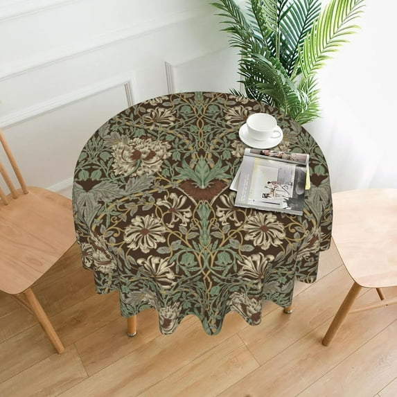 William Morris Tablecloth,Retro Brown Floral Table Cloth Wipeable Polyester Fabric Vintage Flower Washable Table Cover for Kitchen Dinning Decorations,Round 60X60